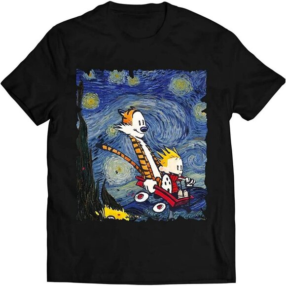 Olin D Tops - Calvin And Hobbes Story Night Graphic Cartoon Art Tee Nostalgic Fan T-Shirt 91
